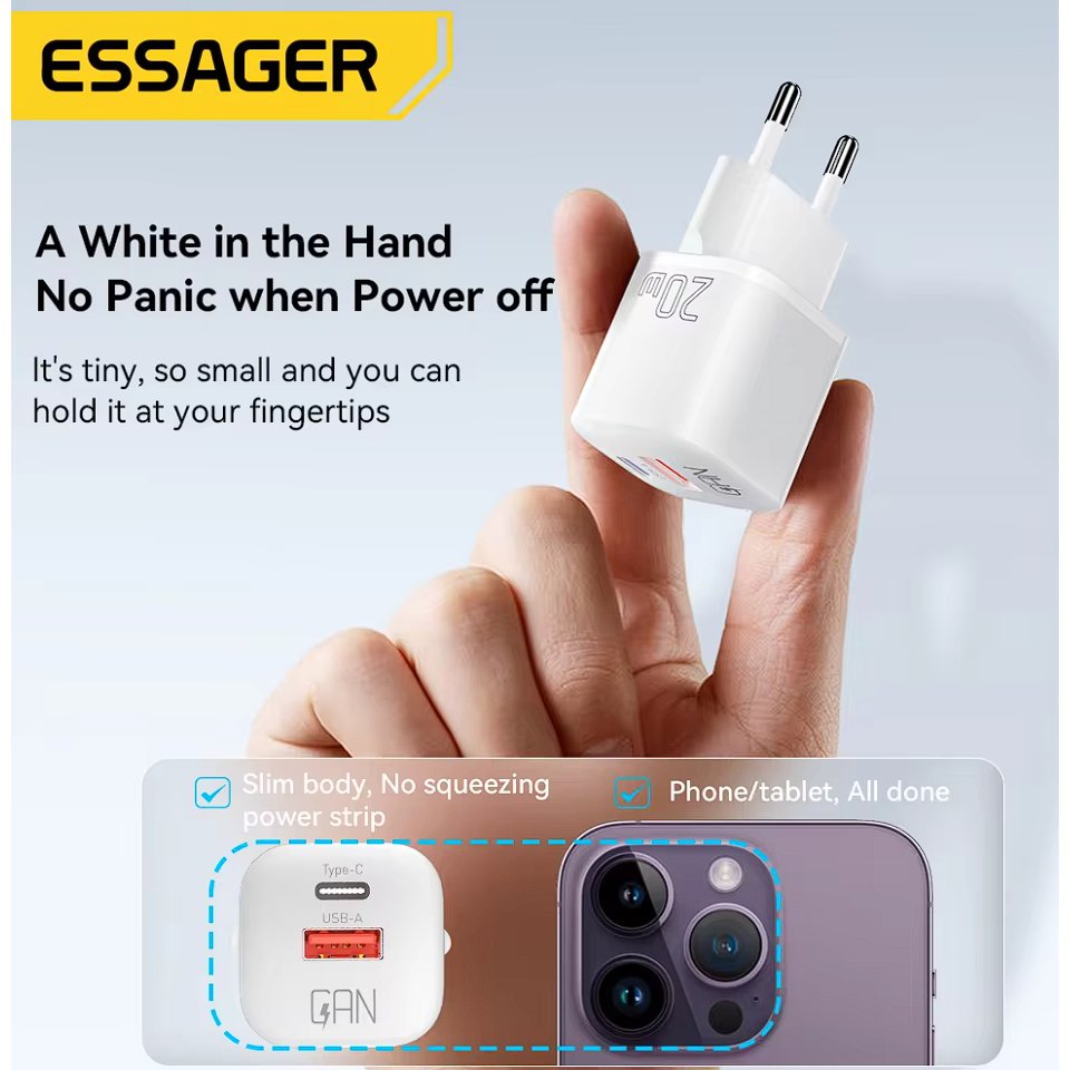 Carregador Turbo 20W Essager: Carga Rápida USB-C e USB 3.0