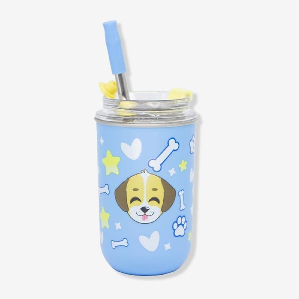 Copo Neo com Canudo 300ML Amo Dogs Azul – Aço Inox, Canudo e Tampa de Pressão para Pet Lovers