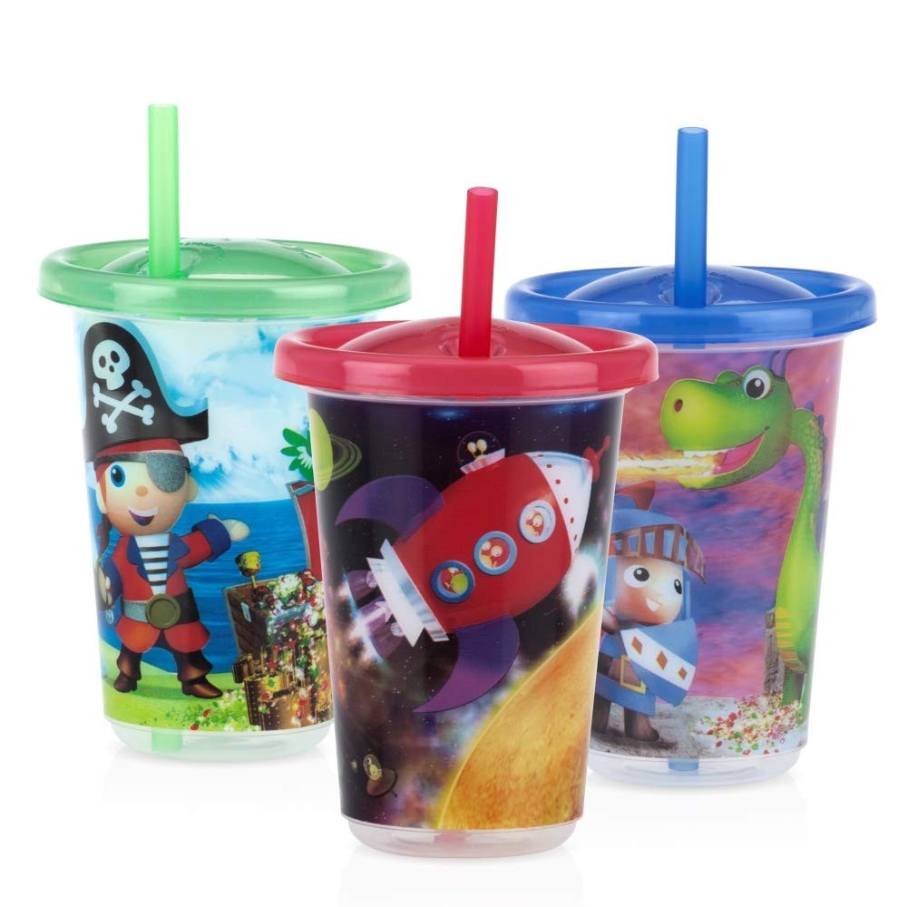 Nuby Kit com 3 Copos Decorados com Canudo 300ml para Meninos - Seguro, Divertido e Livre de BPA
