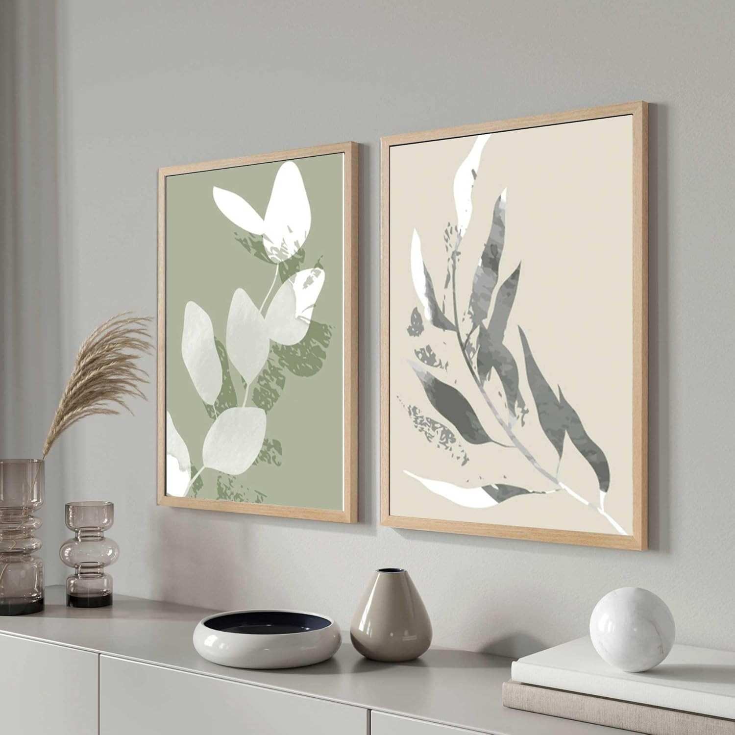 Quadros Decorativos com Moldura Folhas Tons Verde e Bege - Kit com 2 Peças 30x40cm