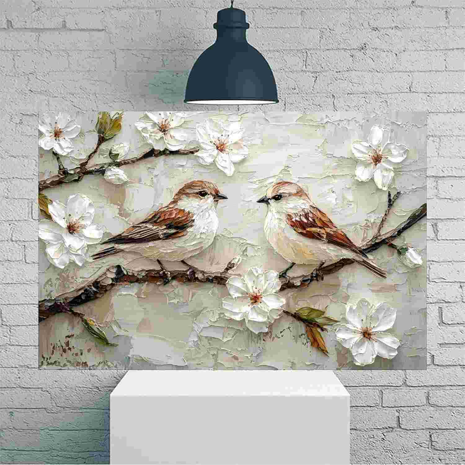 Arte de Parede Pássaros em Ramo Florescente 30x45cm - Pôster Vintage Rústico para Decoração de Casa e Escritório