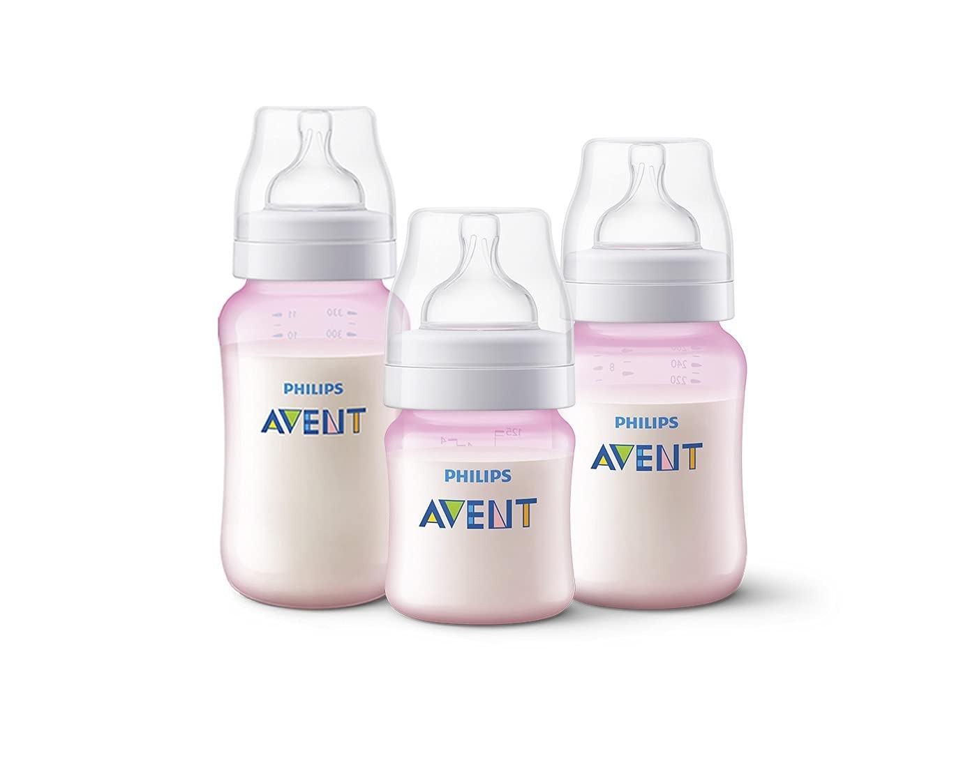 Kit 3 Mamadeiras Clássicas Anticólicas AVENT Rosa - 125ml, 260ml e 330ml