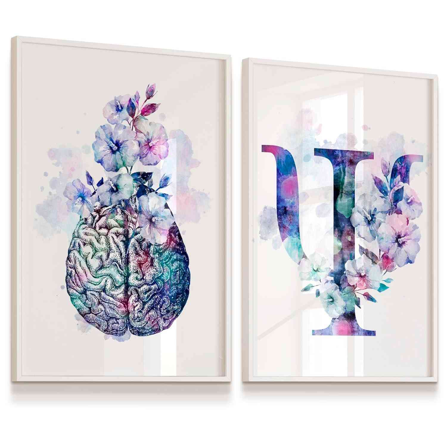 Kit 2 Quadros Decorativos Cérebro e Coração com Flores - 33x43cm - Moldura Branca