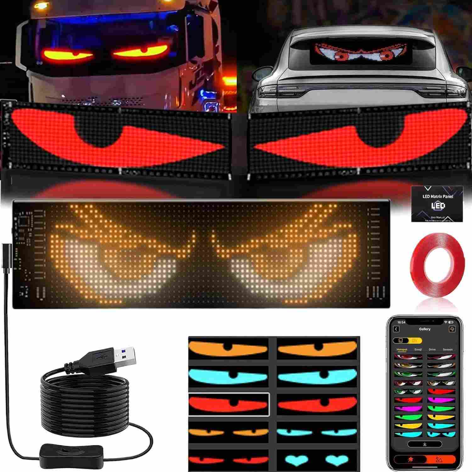 Olhos de LED Animados Programáveis para Para-Brisas de Carro e Caminhão - 10cm x 34.8cm