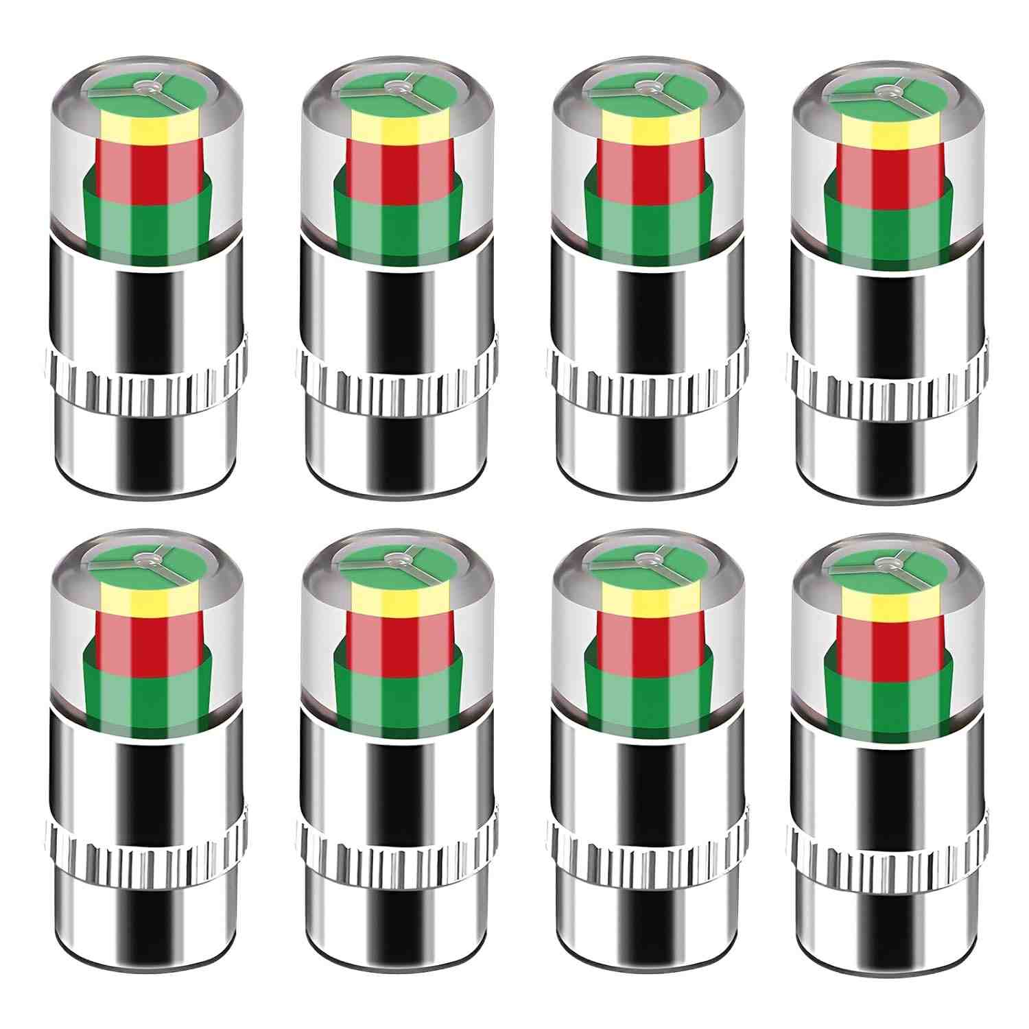 Kit 8 Tampas Indicadoras de Pressão de Pneu 36PSI (2.4 Bar) com Alerta Visual 3 Cores - Segurança e Eficiência para Carros, SUVs e Mais