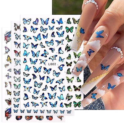 Decalques Adesivos de Unhas Azul com Borboletas e Flores 3D
