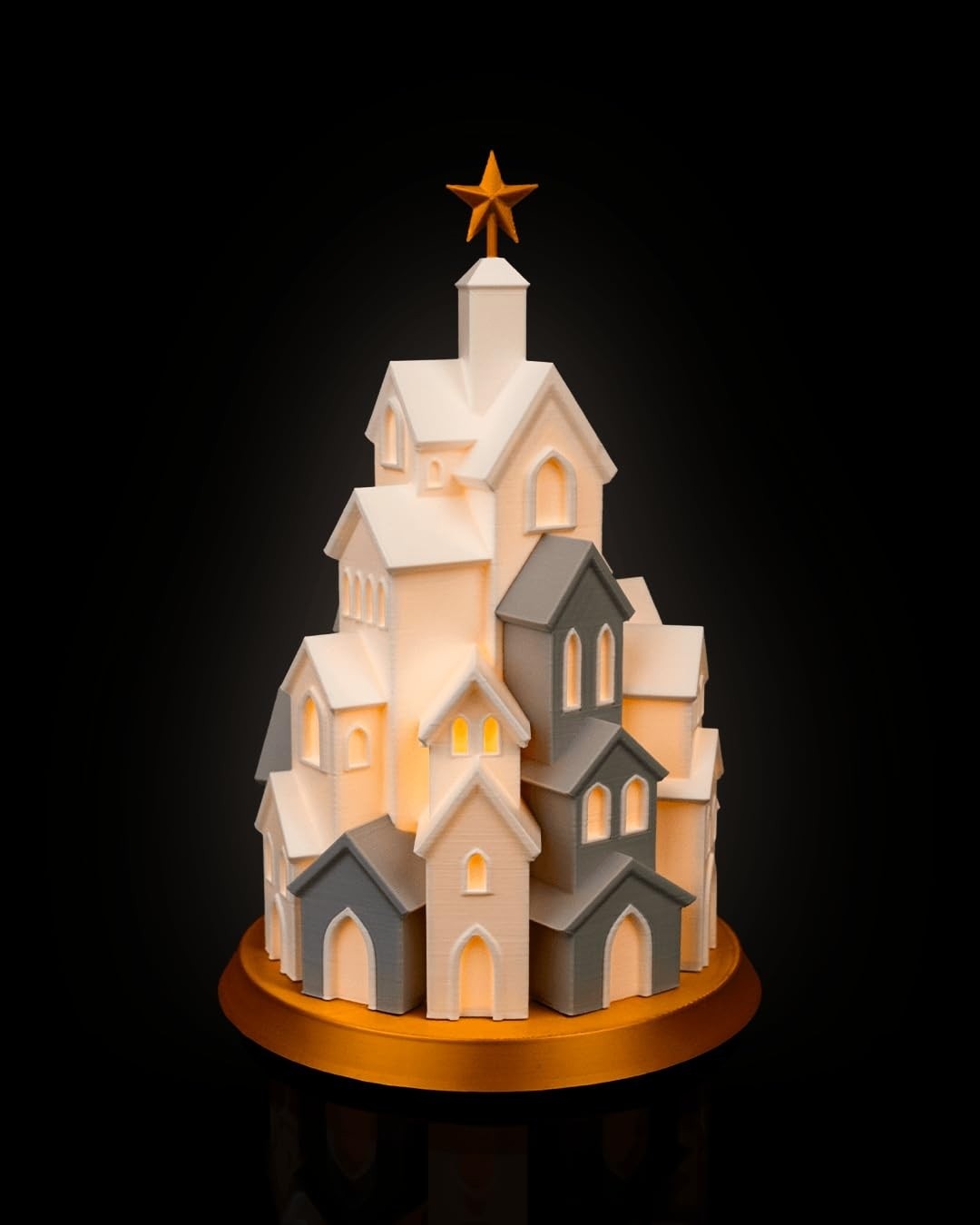Vila Natalina 3D Iluminada com LED - Branco e Cinza, Base Dourada, Estrela no Topo, 19cm