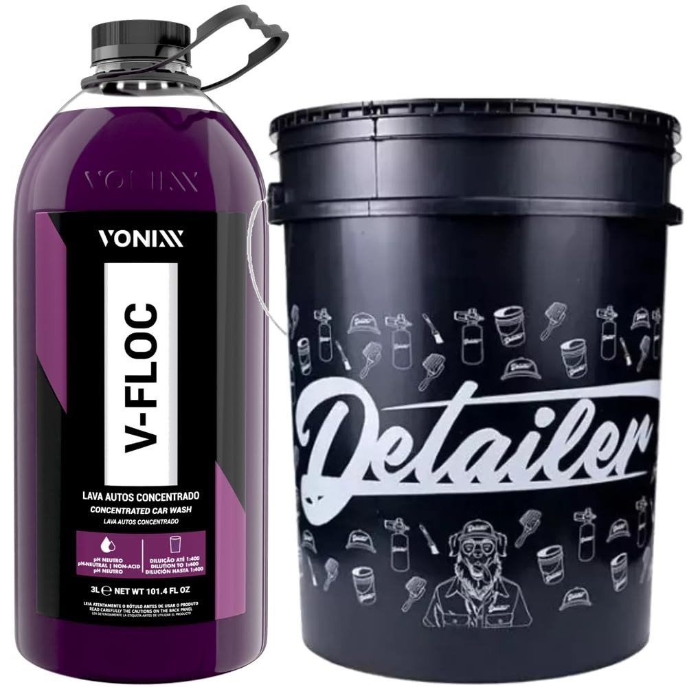 Shampoo V-Floc Vonixx 3L + Balde Detailer 19L: Limpeza Profissional para Seu Carro!