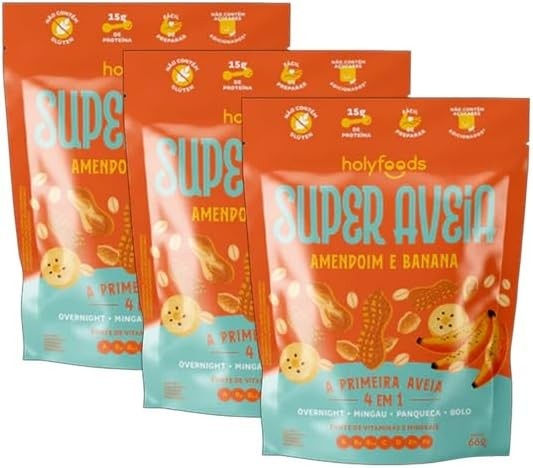 Kit 3X: Super Aveia Amendoim com Banana Sem Glúten Holyfoods 66g