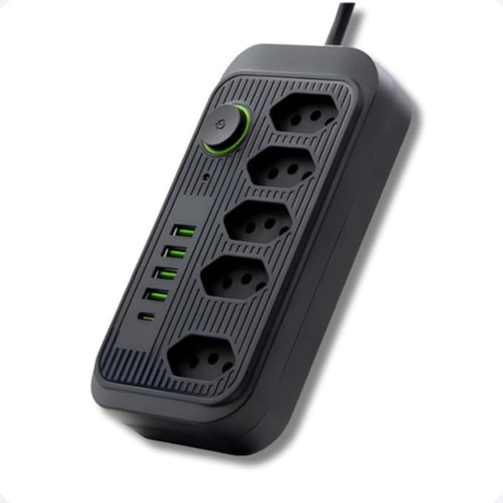 Régua de Energia Inteligente Premium: 5 Tomadas, 4 USB, 1 Tipo-C, Cabo 2m, 2500W