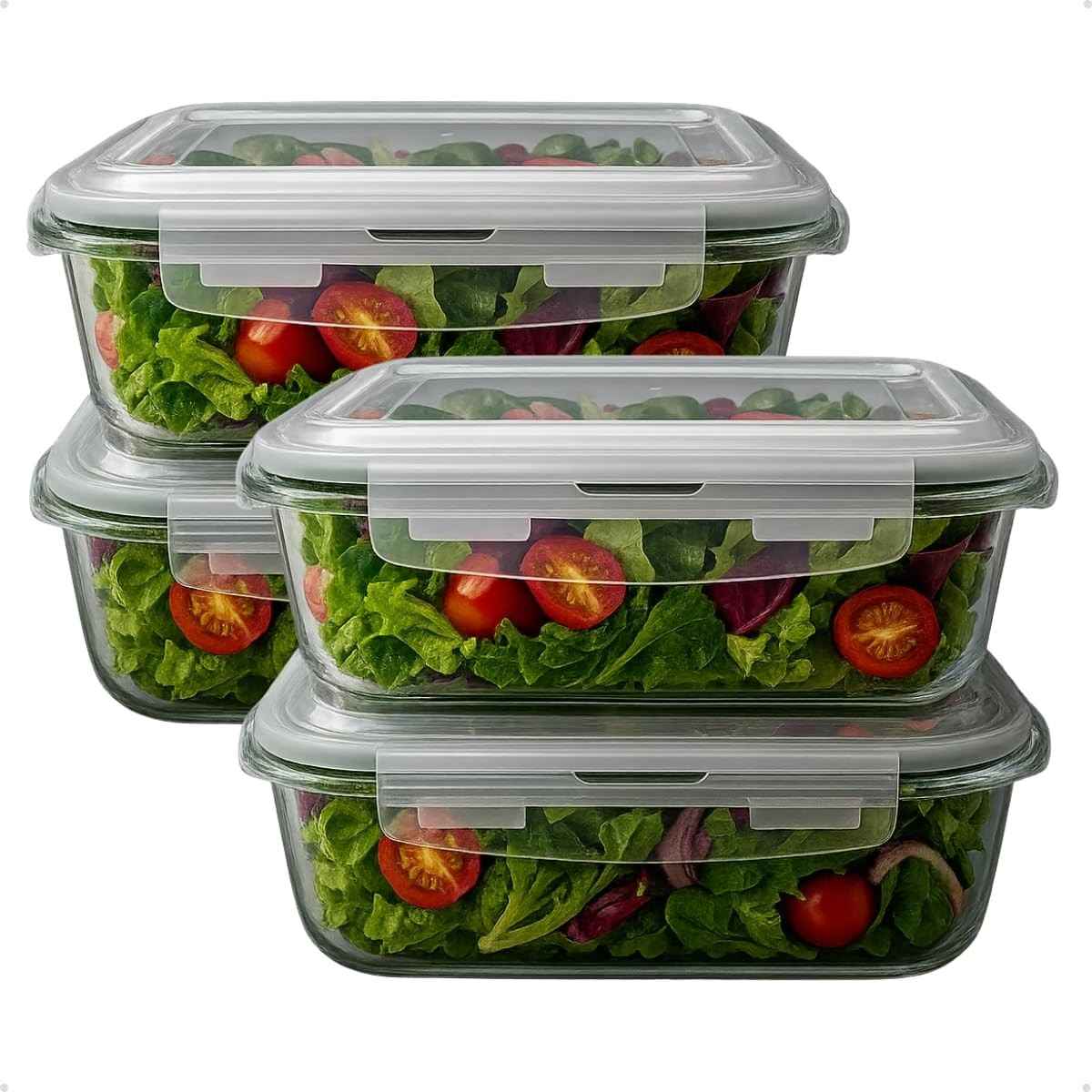 Kit 4 Potes de Vidro Herméticos 1040ml - Forno Refratário, Tampa com Trava, Livre de BPA