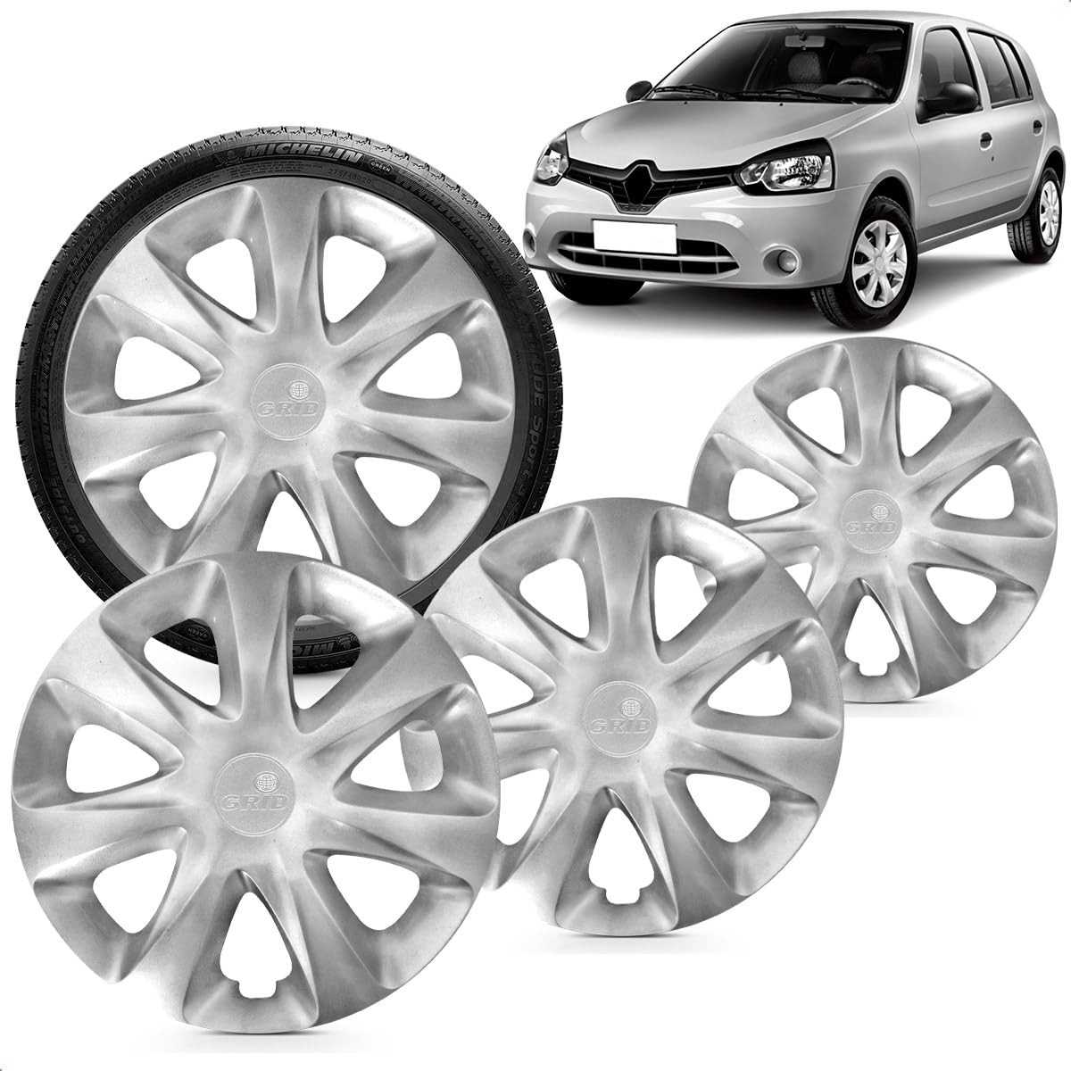 Kit 4 Calotas Aro 13 Prata Grid para Renault Clio 2014-2015 - Design Esportivo e Fixação Segura