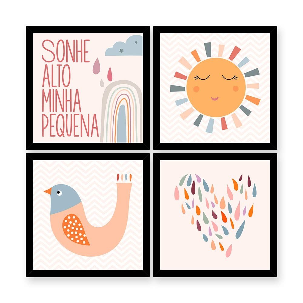 Kit 4 Quadros Decorativos 35x35 cm com Moldura - Sonhe Alto | Decoração Infantil Moderna