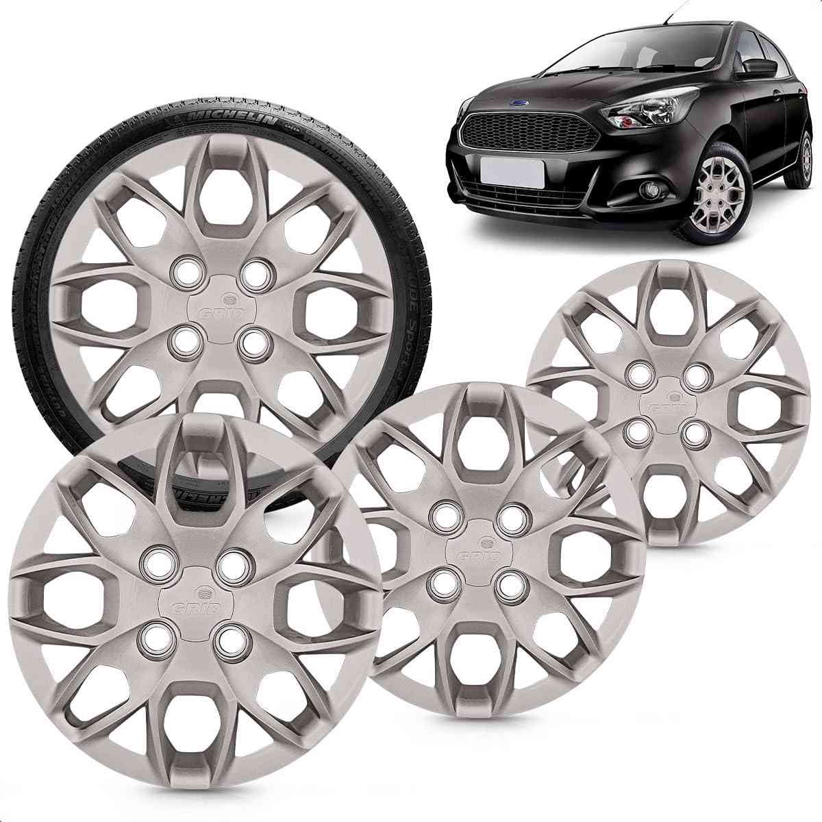 Kit 4 Calotas Esportivas Aro 14 Ford Ka Hatch/Sedan 2015-2018 Prata Grid