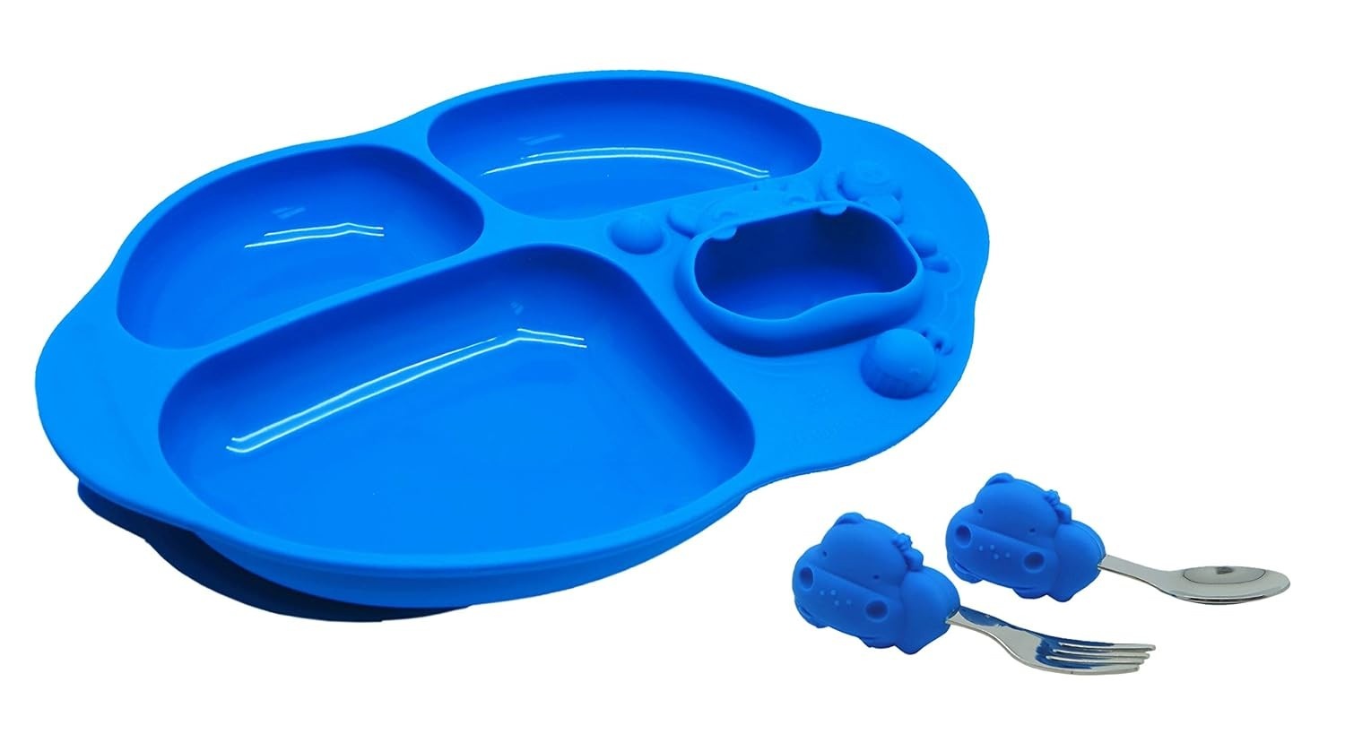Kit Alimentação Infantil com 4 Divisórias Hipopótamo - Talheres Ergonômicos Marcus e Marcus Azul