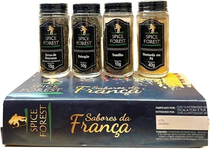 Sabores da França Kit com 4 Temperos Linha Premium: Estragão, mostarda em Pó, Tomilho e Ervas de Provence - Frasco de Vidro Spice Forest