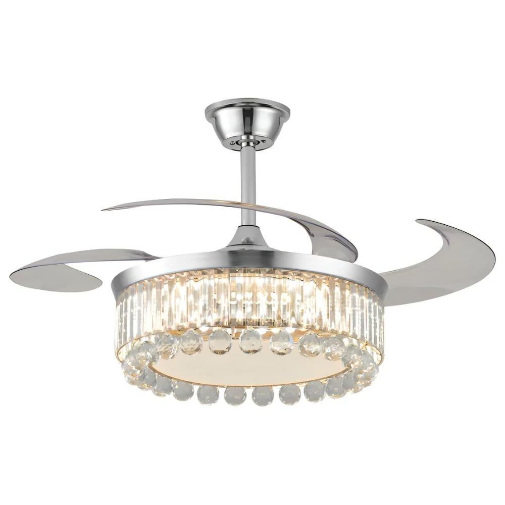 Ventilador de Teto Retrátil com Cristais e LED | 4 Pás, Controle Remoto, Design Luxuoso