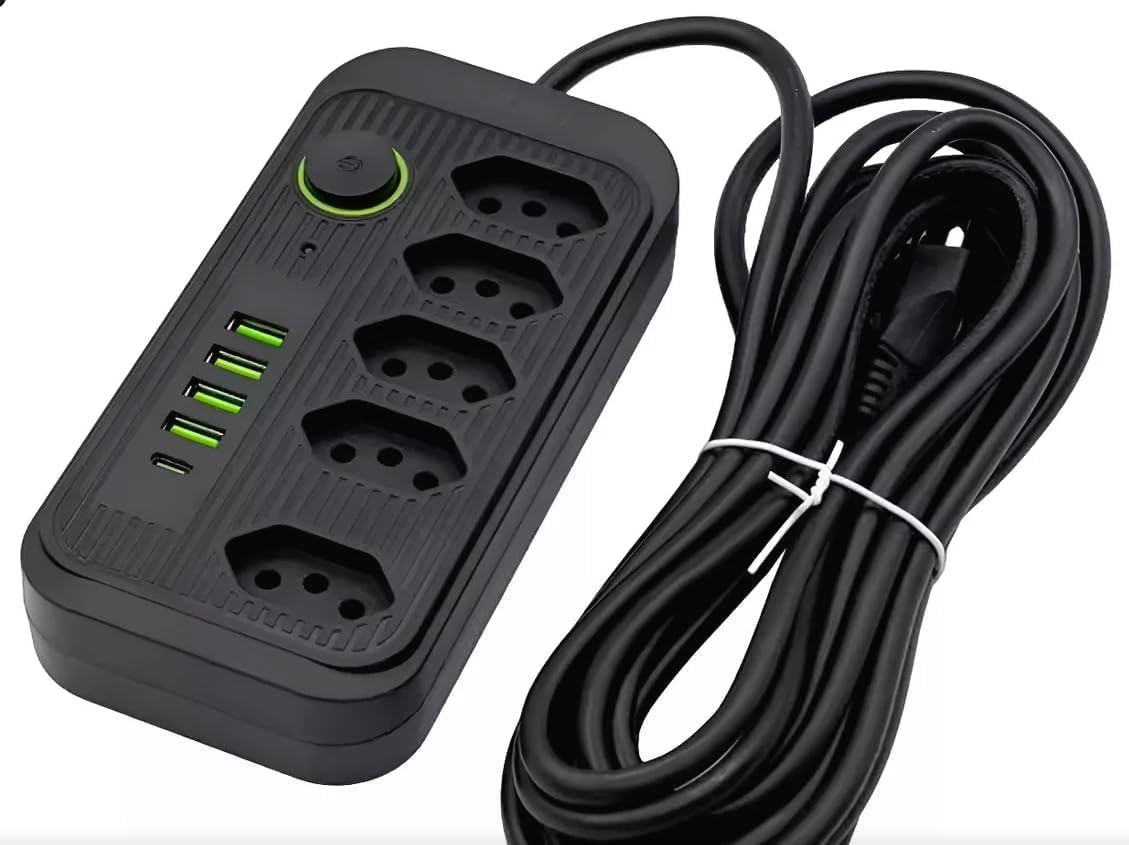 Regulador de Tomadas Bivolt com 5 Tomadas e 4 USB (Tipo-C Incluso) - Organize sua Energia!