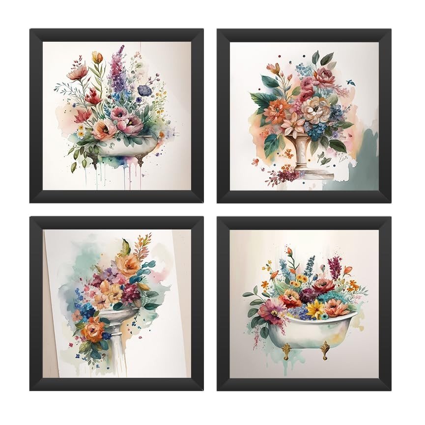 Kit 4 Quadros Aquarela 18x18 cm com Moldura e Vidro - Decoração Elegante para Banheiro e Lavabo