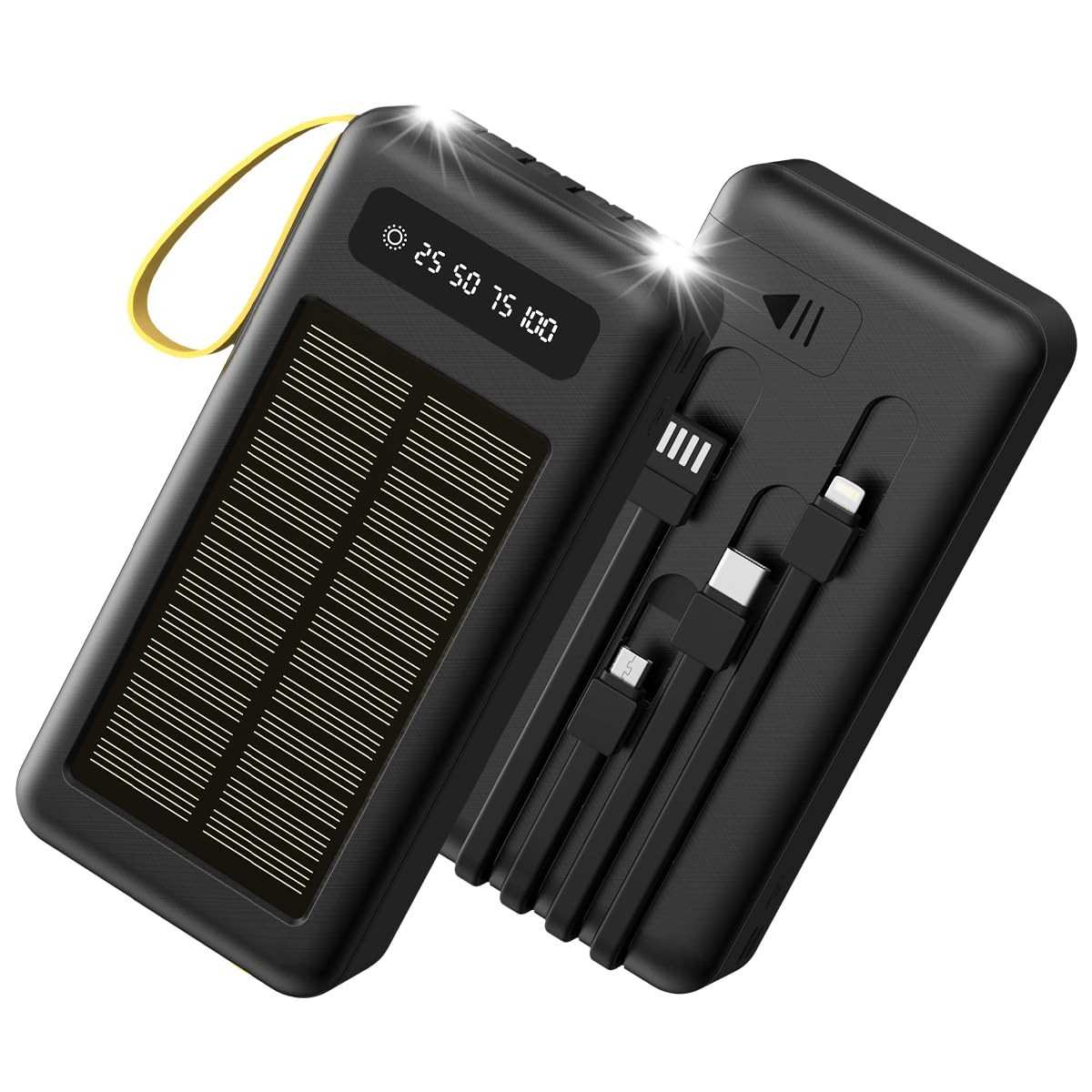 Power Bank Solar 20000mAh com Lanterna e 4 Cabos Integrados: Energia Portátil para suas Aventuras!