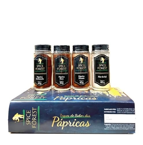 Kit com 4 Temperos Linha Premium: Páprica Defumada, Páprica Doce, Páprica Picante e flor de sal - Frasco de Vidro Spice Forest