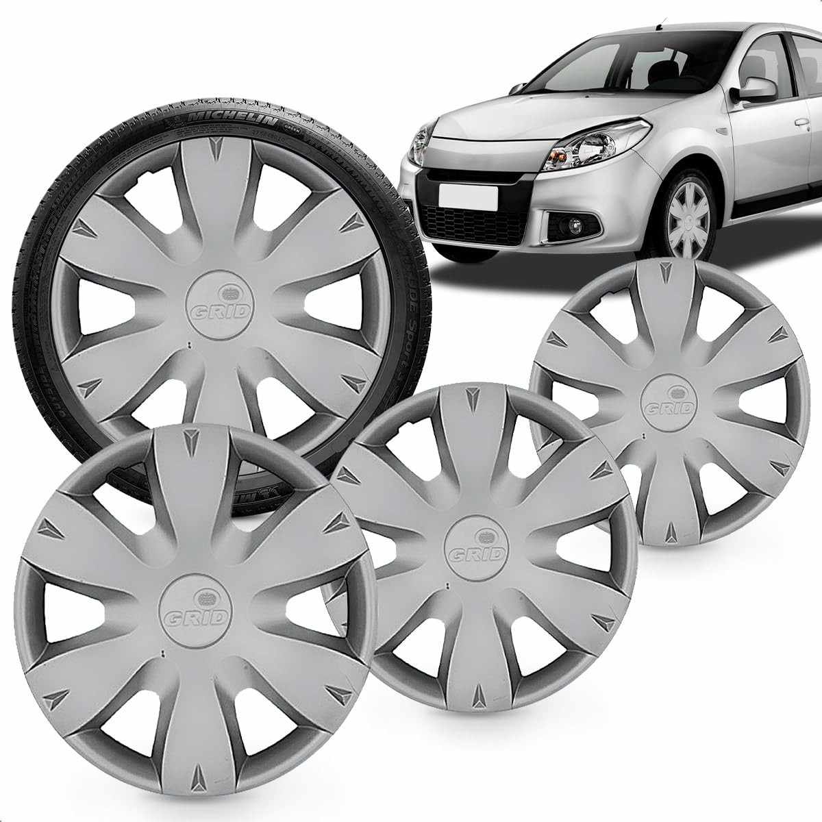 Kit 4 Calotas Aro 14 Grid Prata para Clio, Sandero e Logan (2011-2013) - Design Grid com Fixação por Pressão