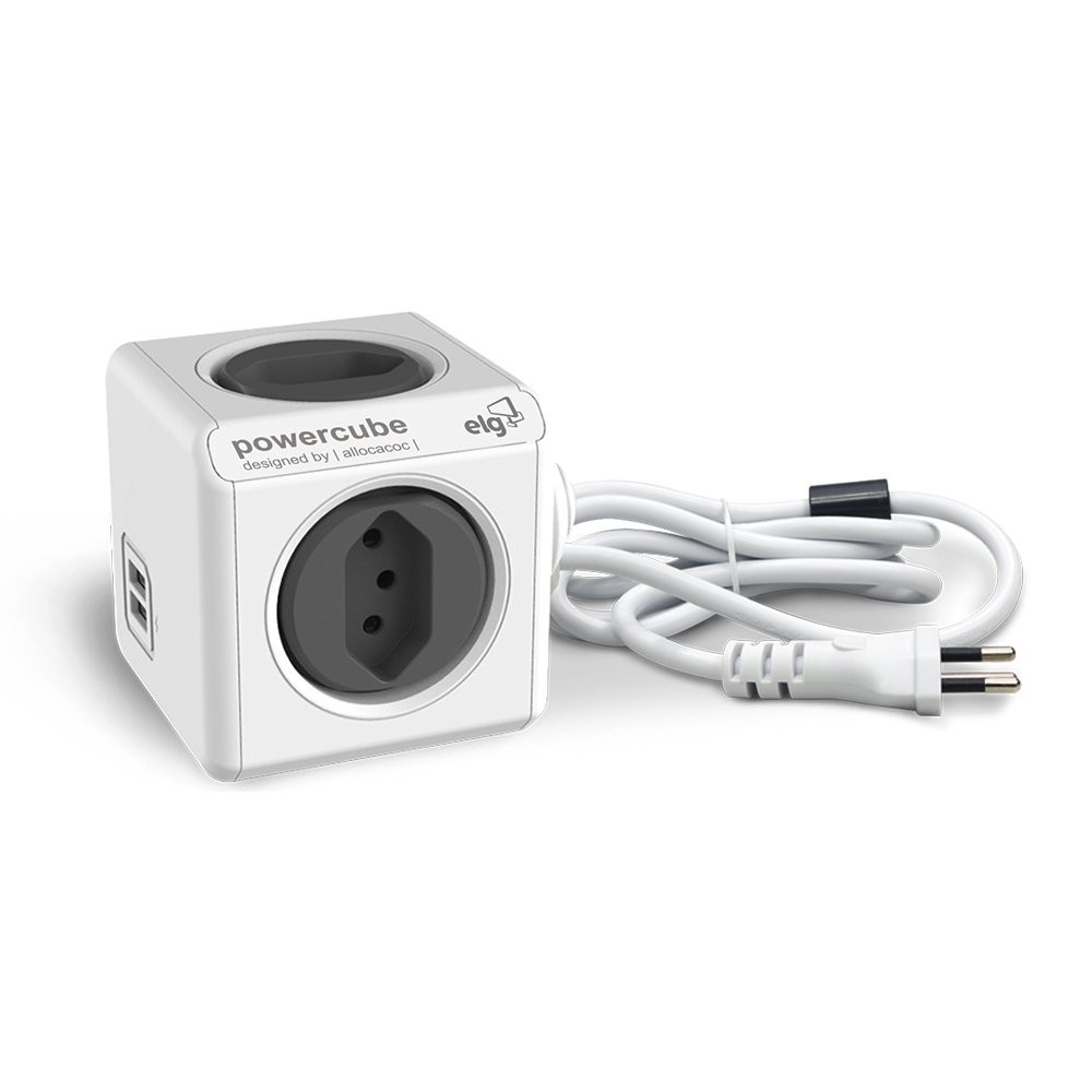 PowerCube ELG PWC-X4U/3M: Multiplicador 4 Tomadas Bivolt + 2 USB 2.4A, Cabo 3m, Cinza
