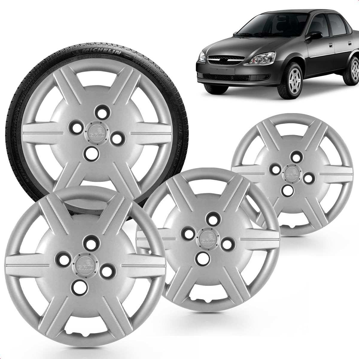 Kit 4 Calotas Corsa Classic Aro 13 Prata Grid - Cubo Baixo (2011-2015)