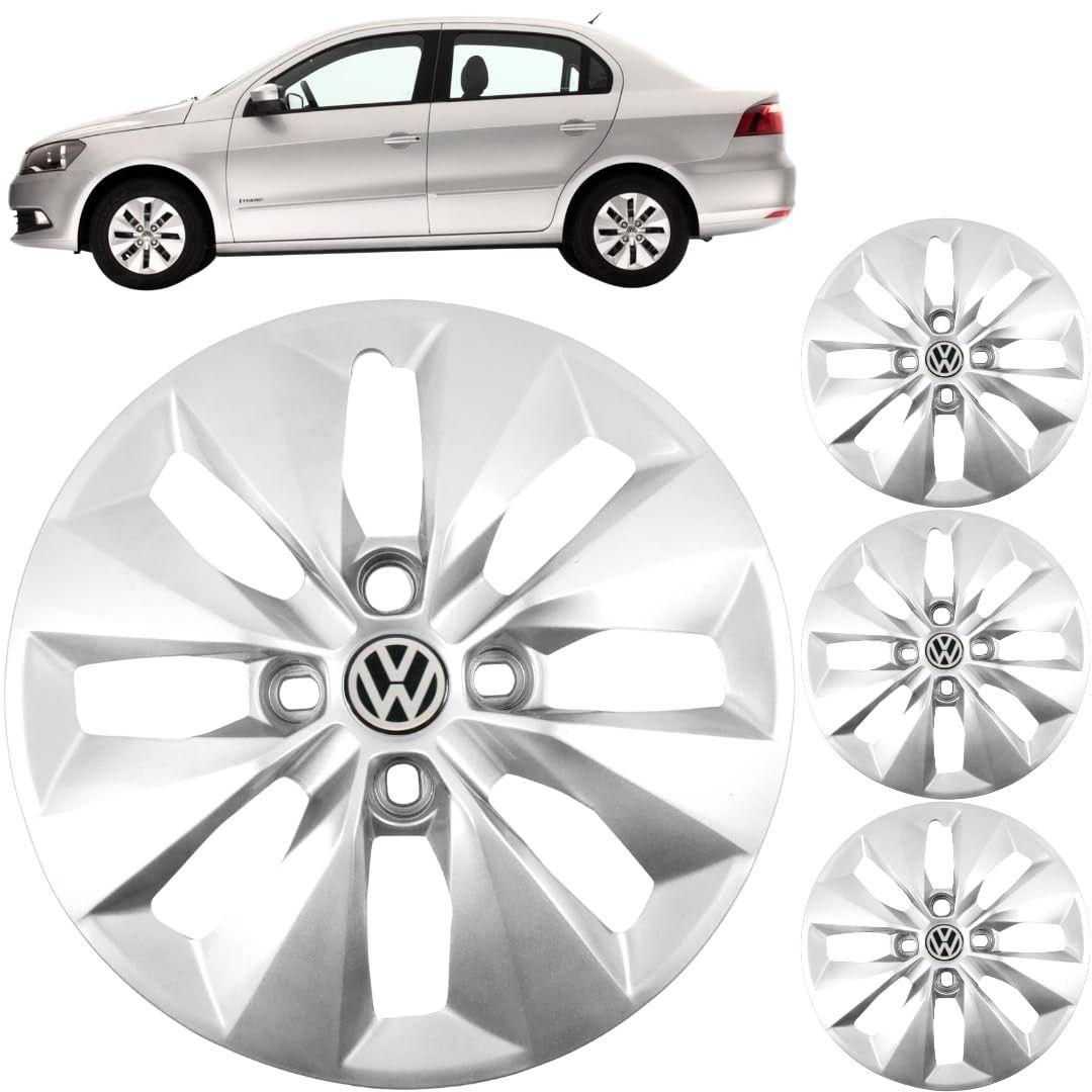 Jogo 4 Calotas Aro 14 VW Gol Voyage G5 G6 (2008-2015) Grid GR112CB Prata com Adesivo Logo Resinado
