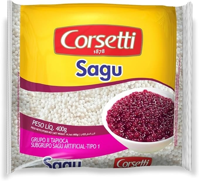 Sagu Corsetti 400G, Corsetti Alimentos, Pérolas De Tapioca, Amarelo, Rico Em Triptofano E Vitamina B6, Receita Familiar Desde 1878