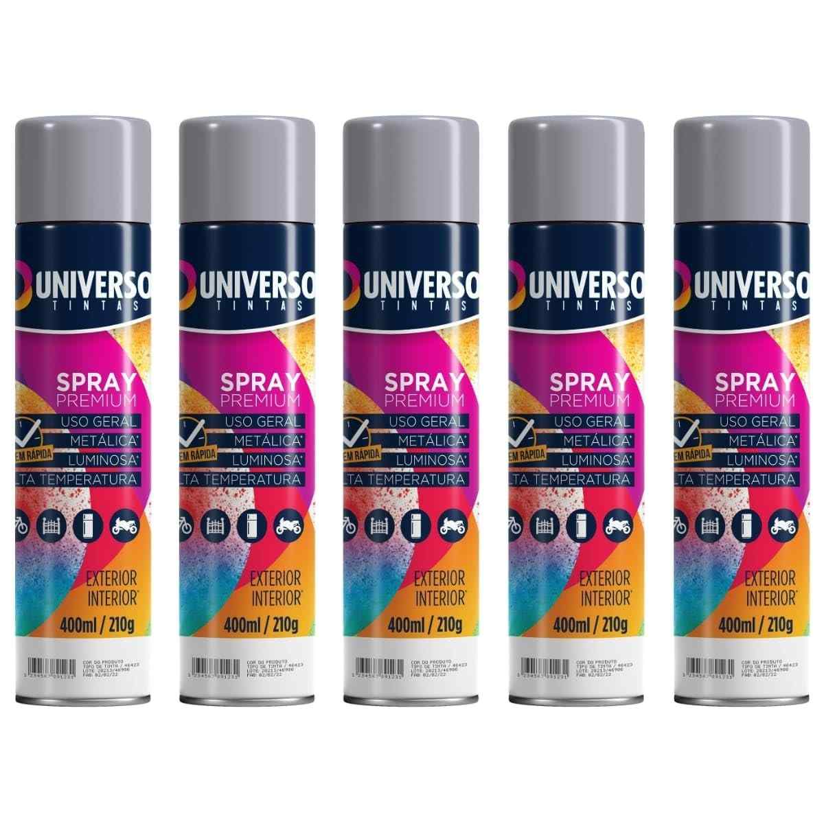 Tinta Spray 400ml Cinza Uso Geral em Aço Ferro Couro Gesso Cerâmica | Universo | Kit 05 un