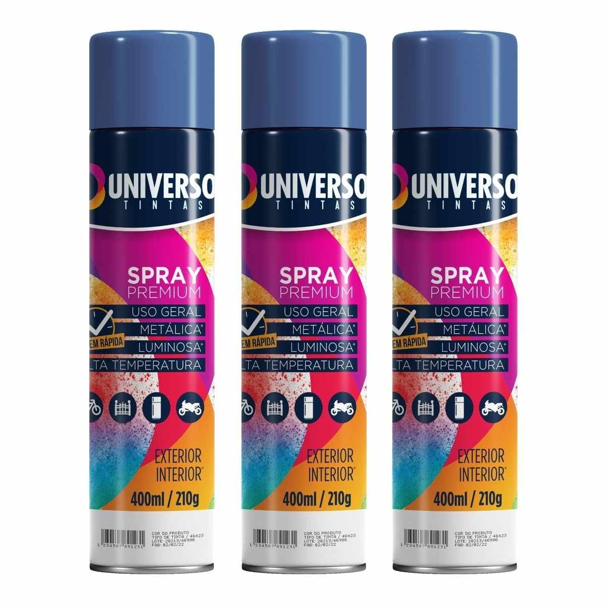 Tinta Spray 400ml Azul Escuro Uso Geral em Aço Ferro Couro Gesso Cerâmica | Universo | Kit 03 un