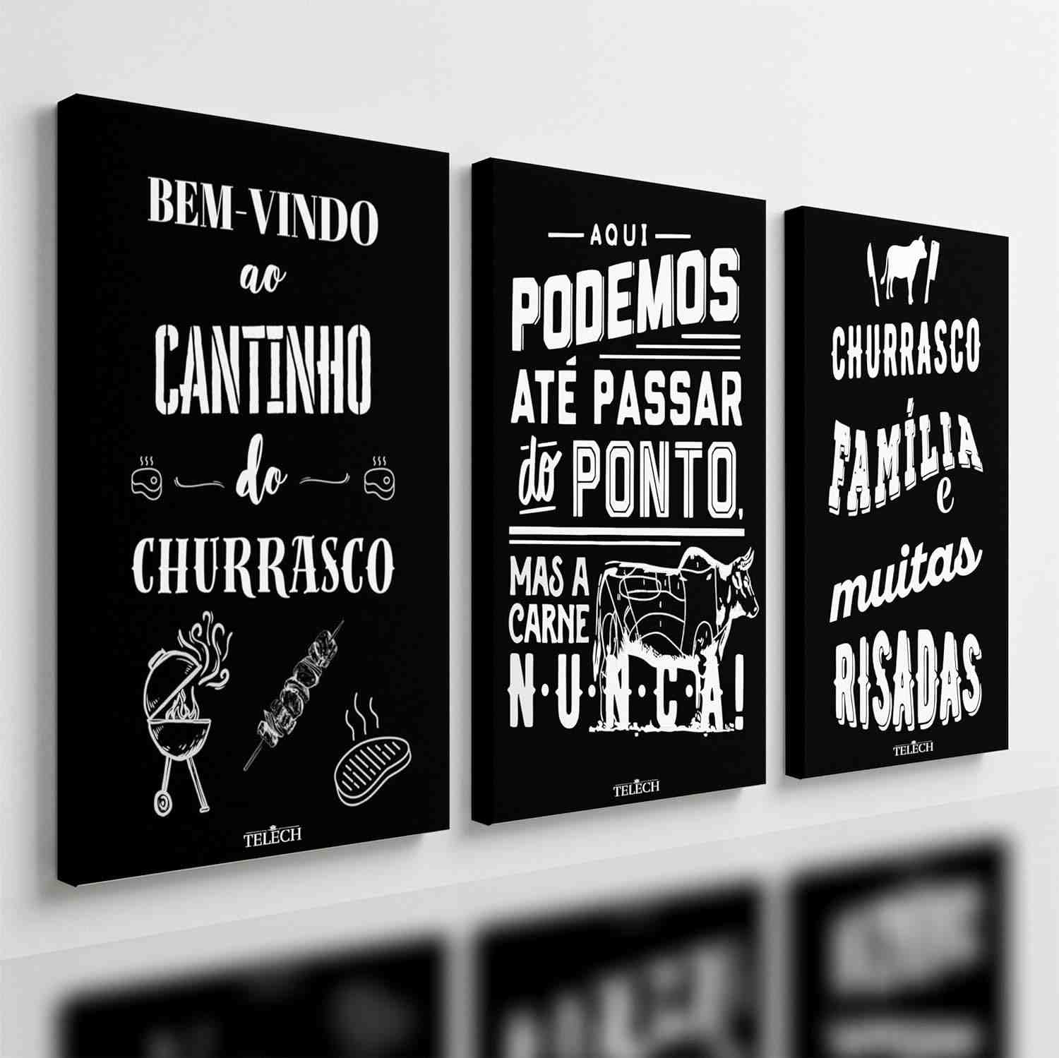 Kit 3 Quadros Decorativos para Área de Churrasqueira - Tema Churrasco 40x28cm