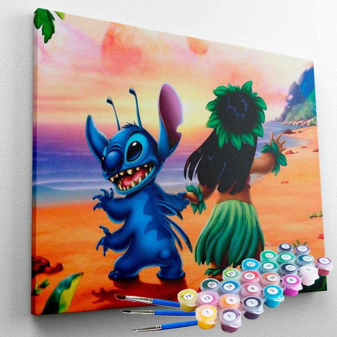 Kit Pintura Terapêutica Lilo e Stitch - 40x50 cm - Pintura por Números com Tinta Acrílica para Adultos