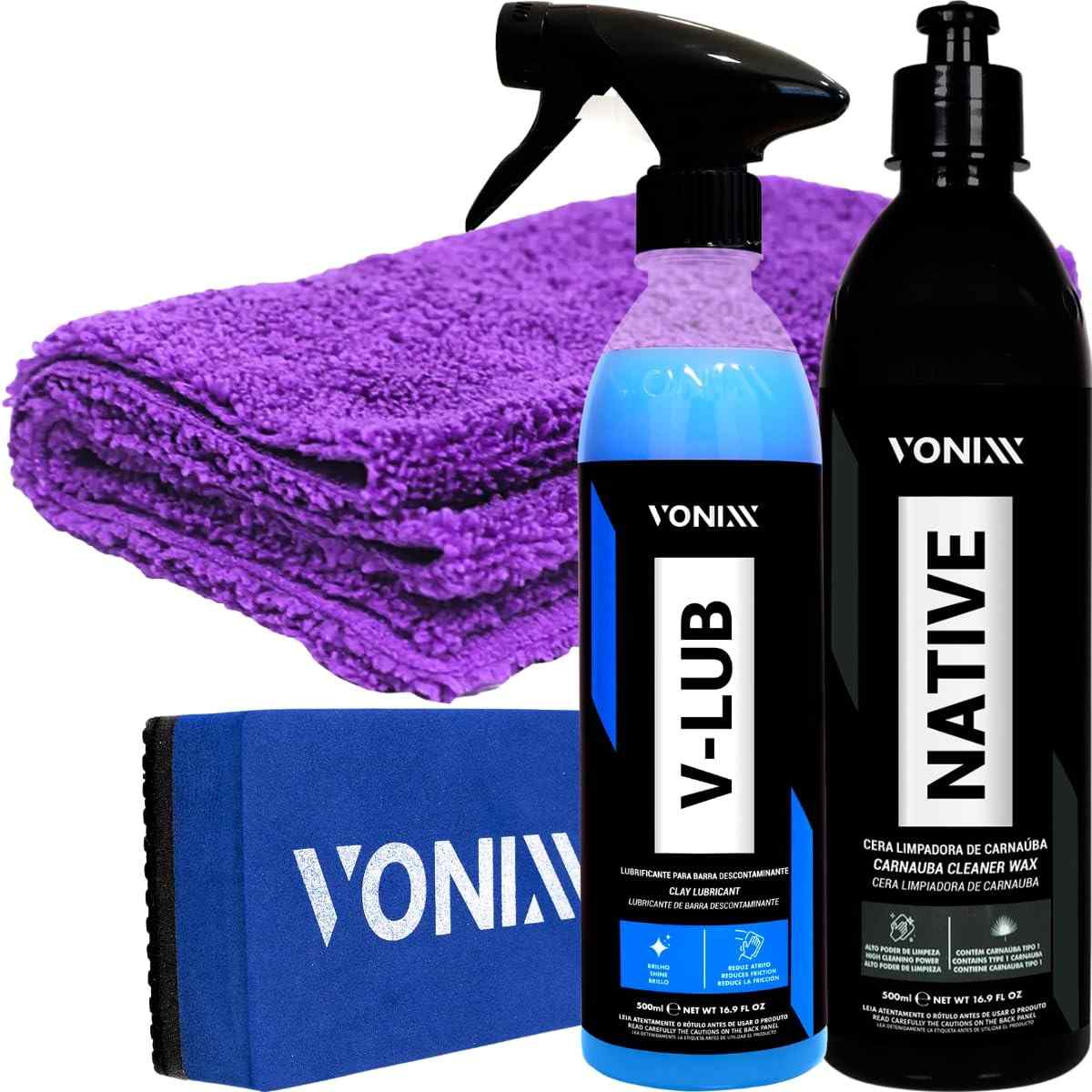 Kit Clay Bar + Descontaminação Pintura Vonixx | Native Cleaner Wax + Pano Zacs 40x60 + V-Lub