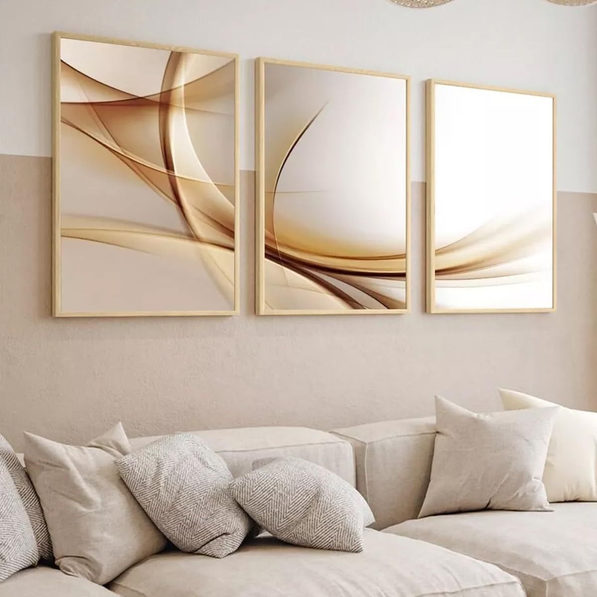 Quadro Decorativo Abstrato Traços Marrom Moderno 40x60cm com Moldura de Madeira - Kit com 3 Unidades