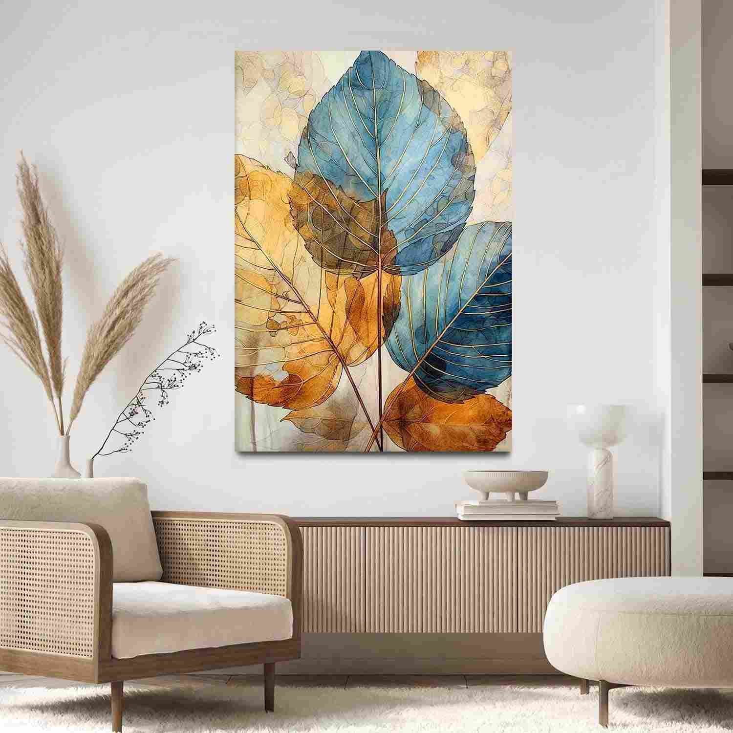Quadro Decorativo Folhas Clean Azul Dourado 40x60cm - Estilo Moderno para Sala e Quarto