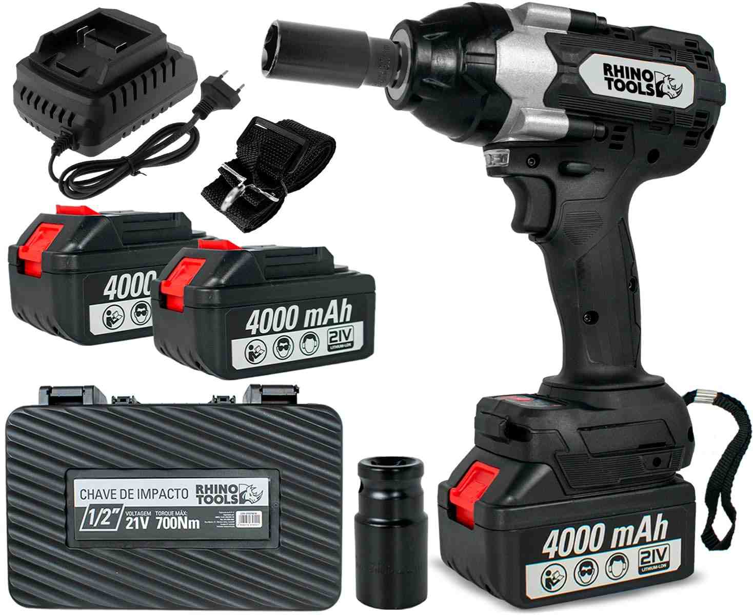 Chave de Impacto Rhino RHN7000: Potência Brushless 700Nm com 2 Baterias 4Ah