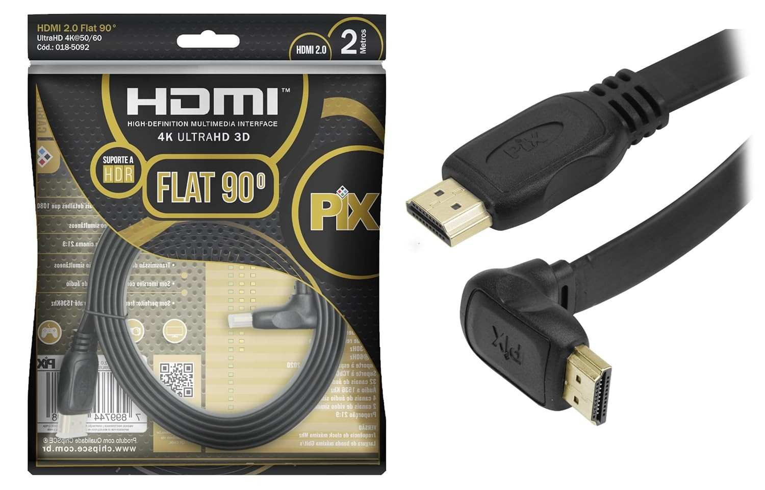 Cabo HDMI 2.0 PIX Flat Gold 2M 90 Graus 4K HDR - Conexão Premium e Imersiva