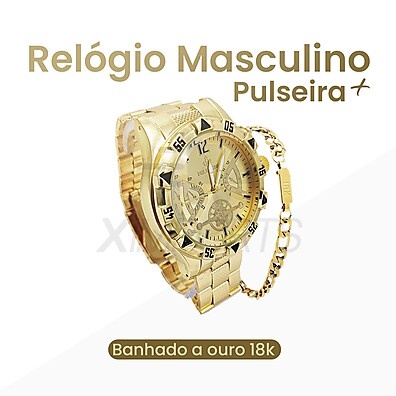 Relógio Masculino Dourado + Cruz Grumet 4mm