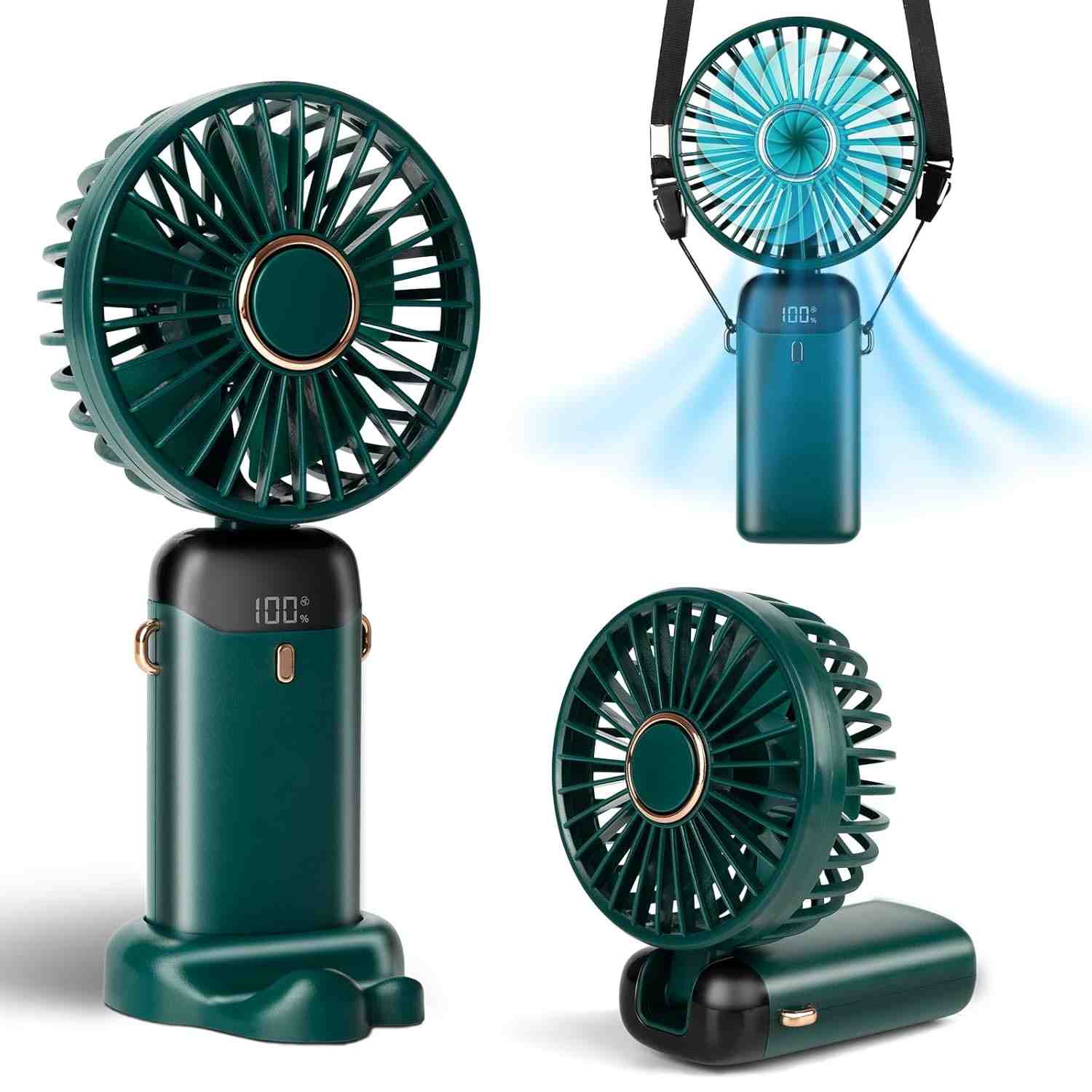 Ventilador Portátil 3 em 1 com 5 Velocidades, 12h Bateria 3200mAh, Visor LED, Dobrável 90°, Silencioso - Ideal para Mesa, Pescoço ou Mão