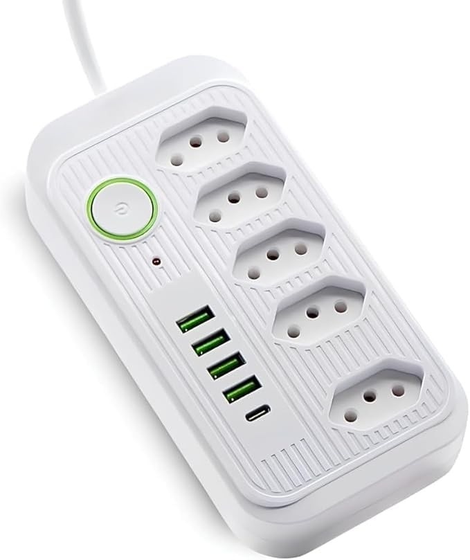 Filtro de Linha Bivolt 5 Tomadas + 4 USB: Extensão Elétrica Segura 1.9m, Carregamento Rápido e Proteção Total - Branco