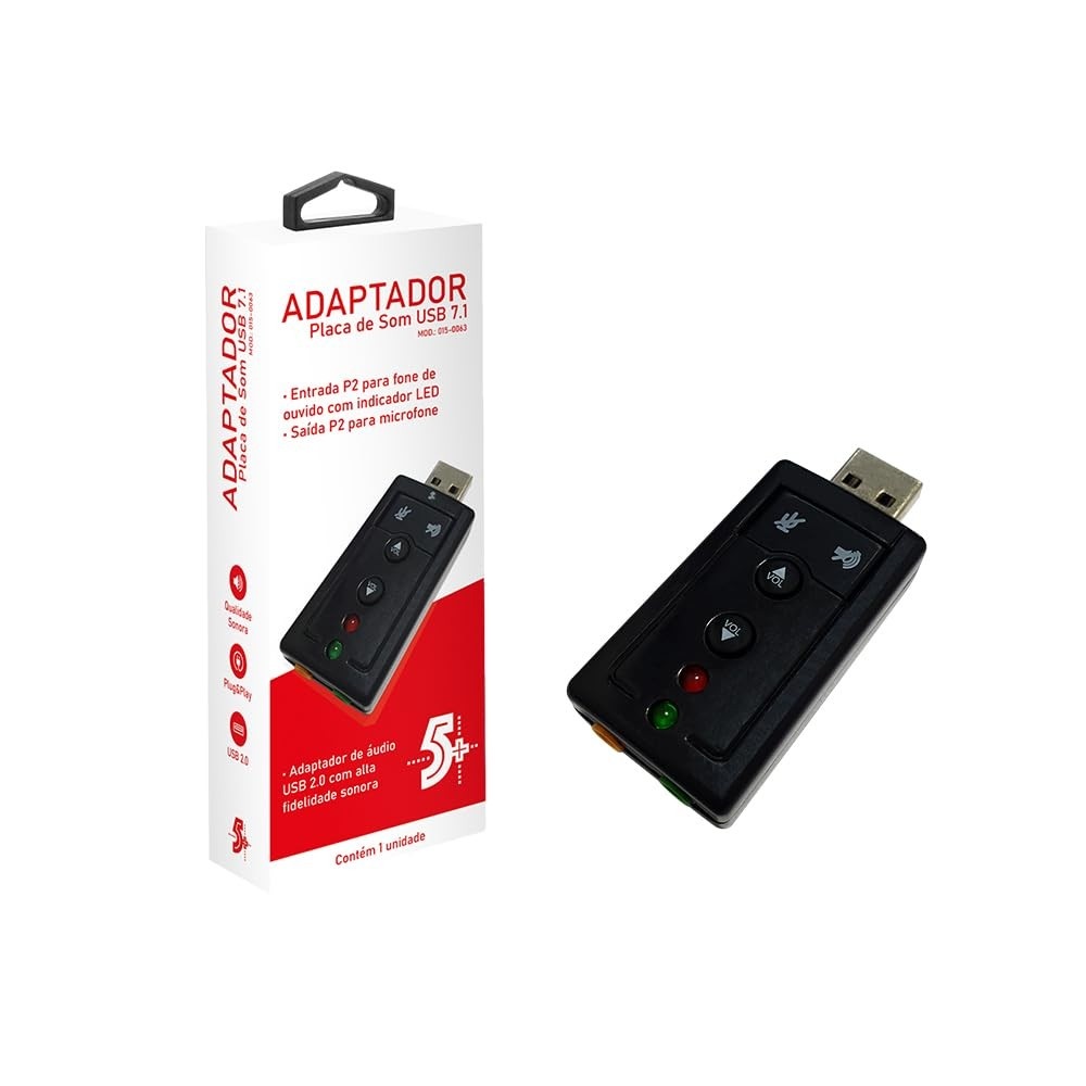 Adaptador de Som USB 7.1 5+ com Entrada P2 para Fone e Microfone