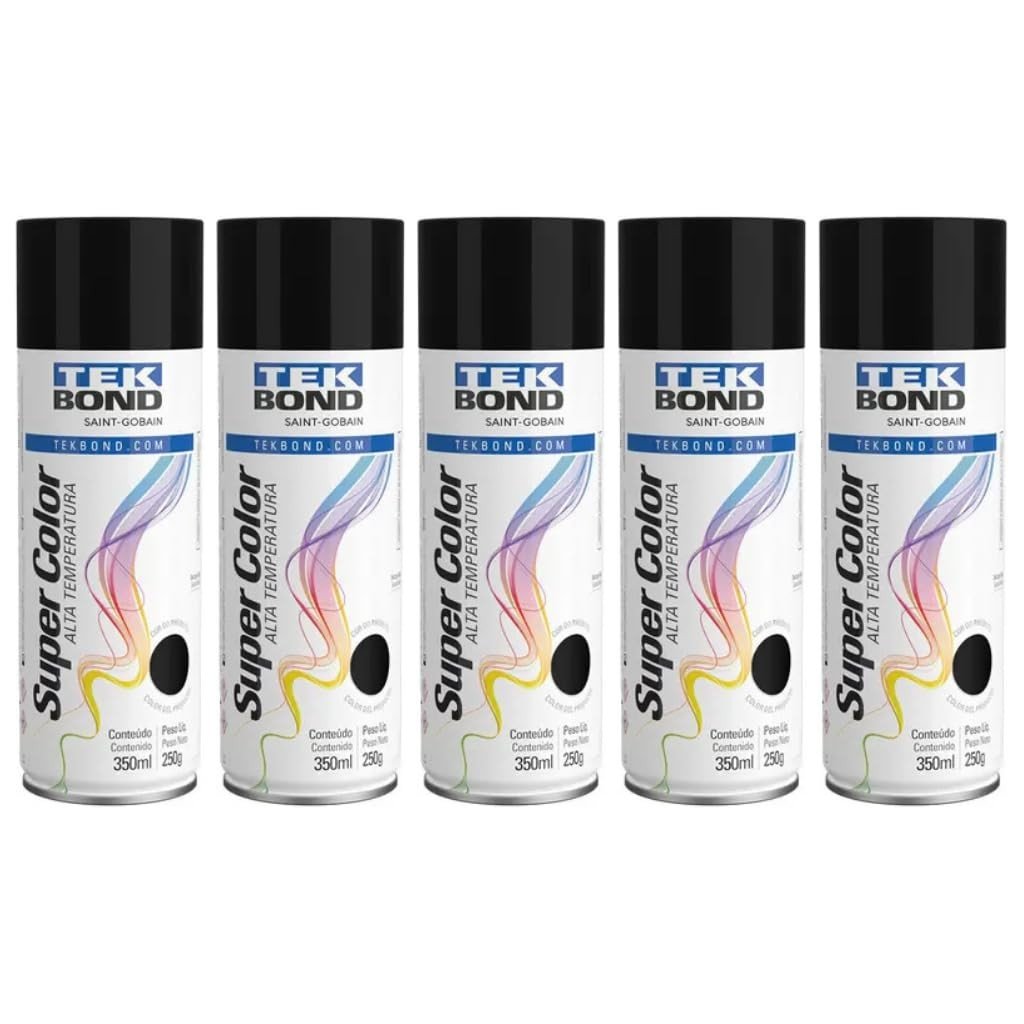 Kit 5 Tintas Spray Preto Brilhante Alta Temperatura - Aerossol 350ml | Resistência Profissional
