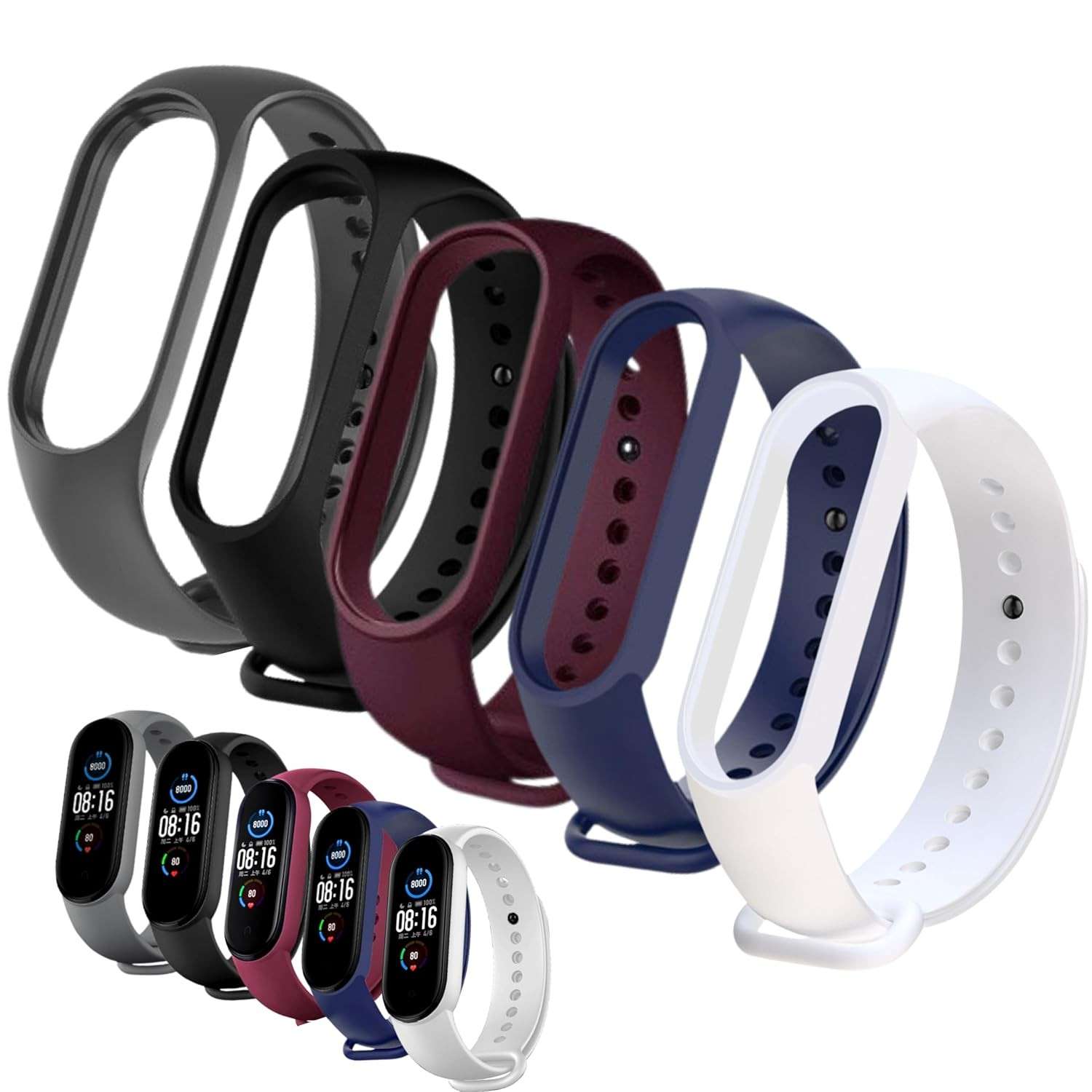 Kit 5 Pulseiras Compativel MI Band 5 e 6 Cores Preta Azul Vinho Marsala Cinza e Branco Silicone Com Pino Resistente Smartband