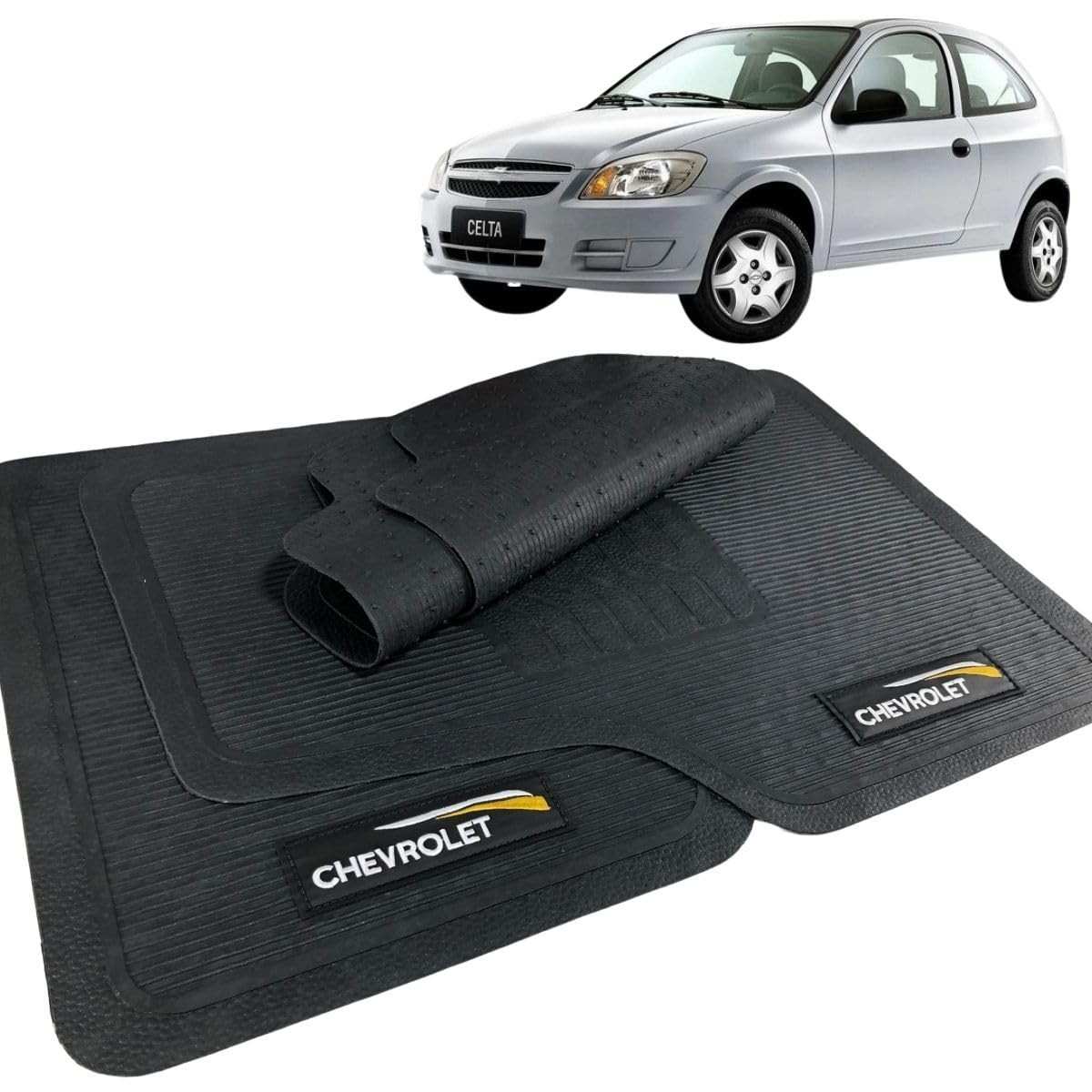 Jogo de Tapetes de Borracha Automotivo com Logo Bordado 5 Peças para Chevrolet Celta 2010-2014