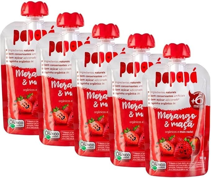 Kit 5 Papinha Orgânica Morango e Maçã Sem Açúcar 100g - Papapá