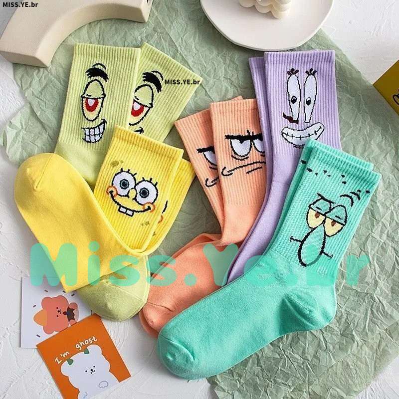 5 Pares de Meias Bob Esponja Unissex para Casal