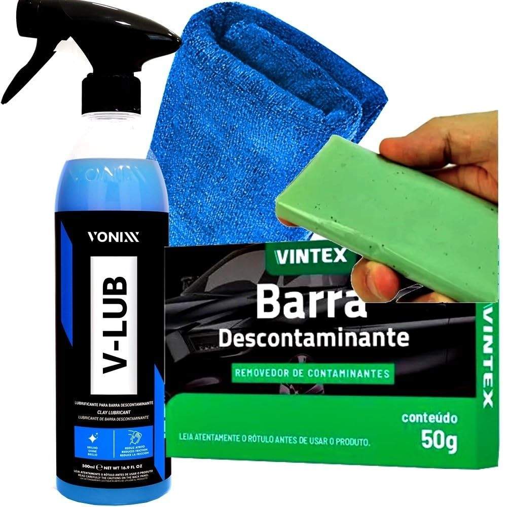 Kit Essencial Vonixx: Massa Clay Bar V-Bar 50g, Lubrificante V-Lub 500ml e Toalha Microfibra Karbox
