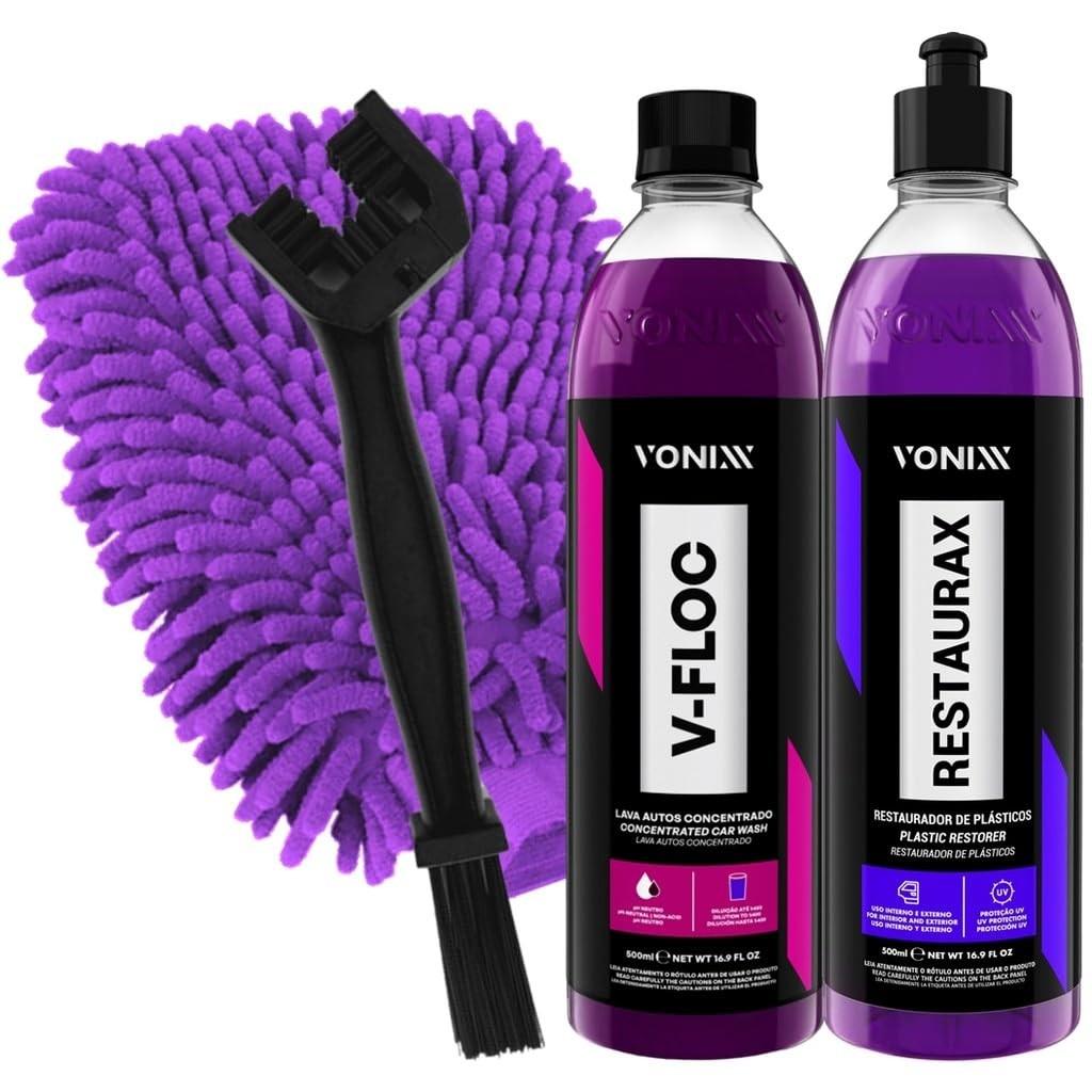 Kit Essencial Vonixx: Restaurax 500ml, V-Floc 500ml e Acessórios Karbox para Detalhamento Automotivo